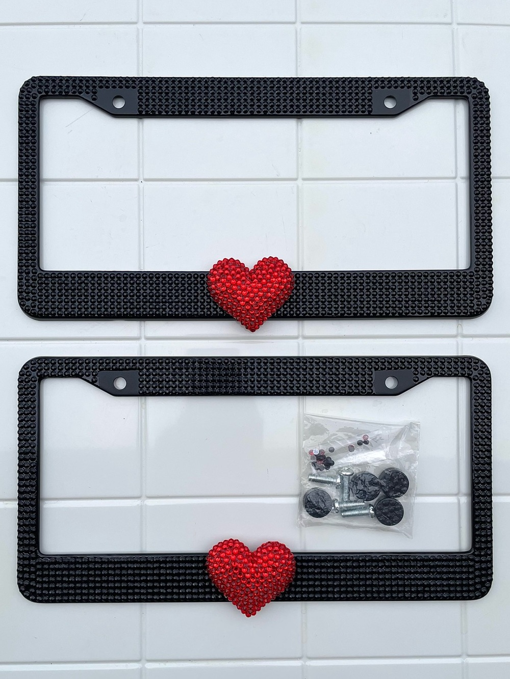 Black and Rhinestone License Plate Frames with Red Heart Accent - Set of 2